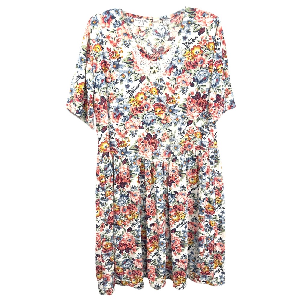 VTG Floral Dress Lace V Neck Cottagecore Babydoll Midi‎ Shift Short Sleeve 1150